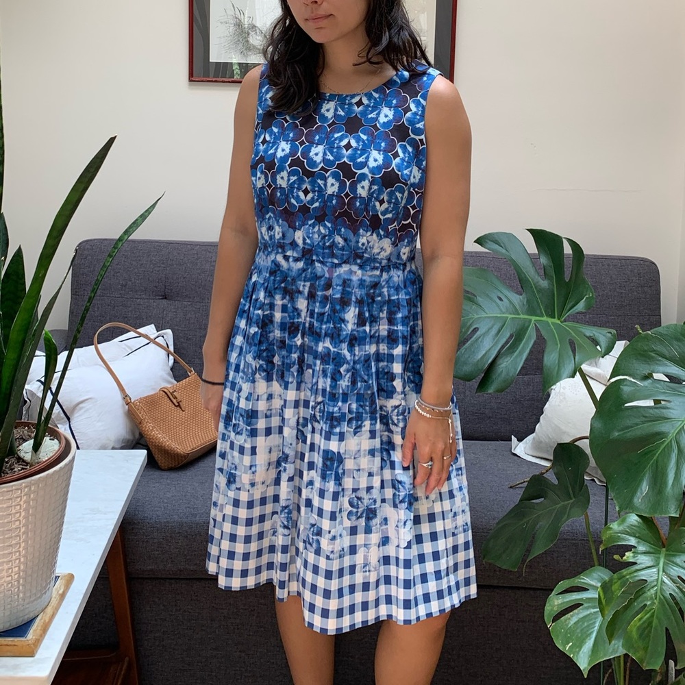 Blue and white floral and gingham Talbots dress